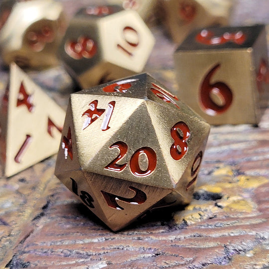 Forged Signature Brushed Brass Red Metal RPG Dice Set of 7 | Grognard Games