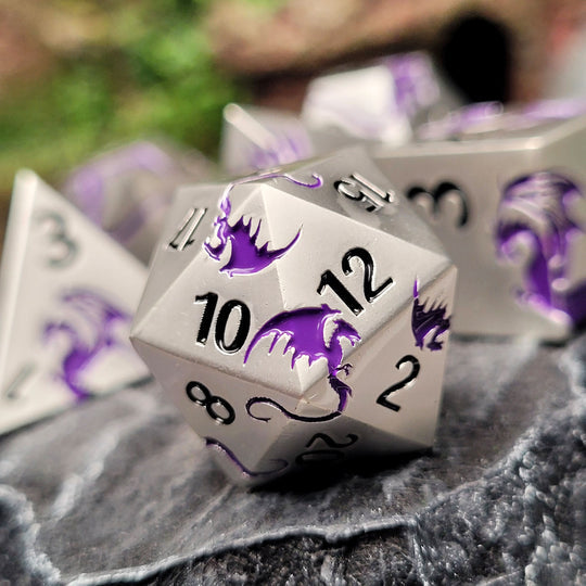 Dragons Flight Matte Silver Purple Metal RPG Dice Set of 7 | Grognard Games