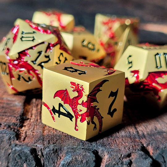 Dragon Attack Gold Red Metal RPG Dice Set of 7 | Grognard Games