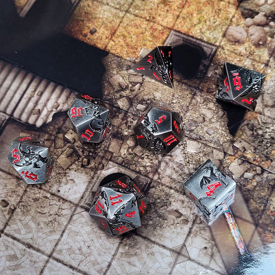 Forged Gaming Dragon Attack Nickel Black Red Metal RPG Dice Set of 7 | Grognard Games