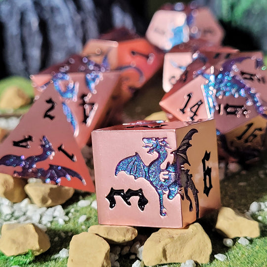 Dragon Attack Copper Blue Color Shift Metal RPG Dice Set of 7 | Grognard Games