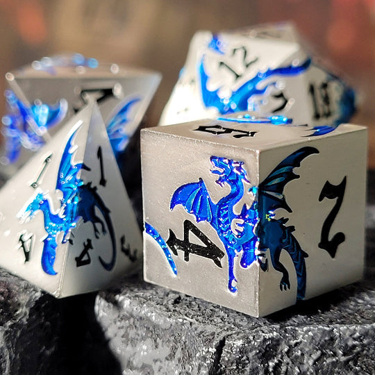 Dragon Attack Silver Blue Metal RPG Dice Set of 7 | Grognard Games