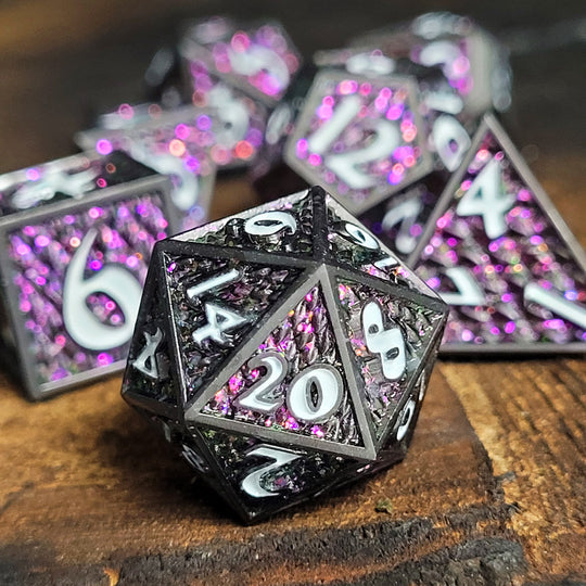 Dragon Scale Gunmetal Matte Purple Glitter Set of 7 Metal Dice | Grognard Games