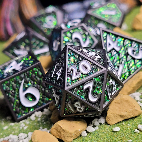Dragon Scale Gunmetal Matte Green Glitter Set of 7 Metal Dice | Grognard Games