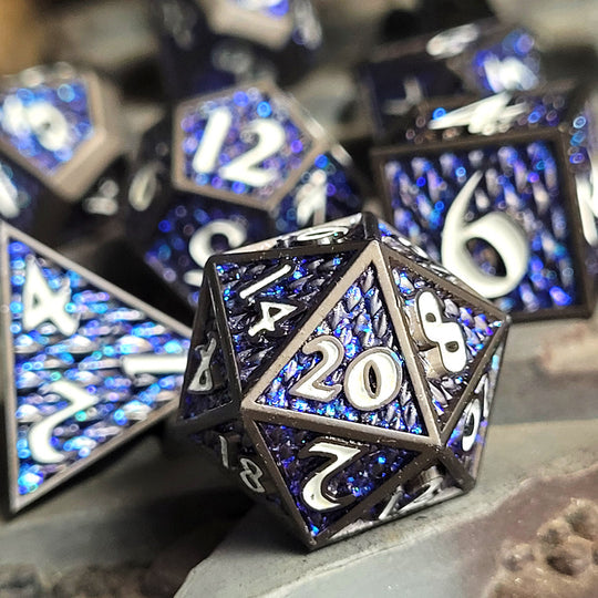 Dragon Scale Gunmetal Matte Blue Glitter Set of 7 Metal Dice | Grognard Games