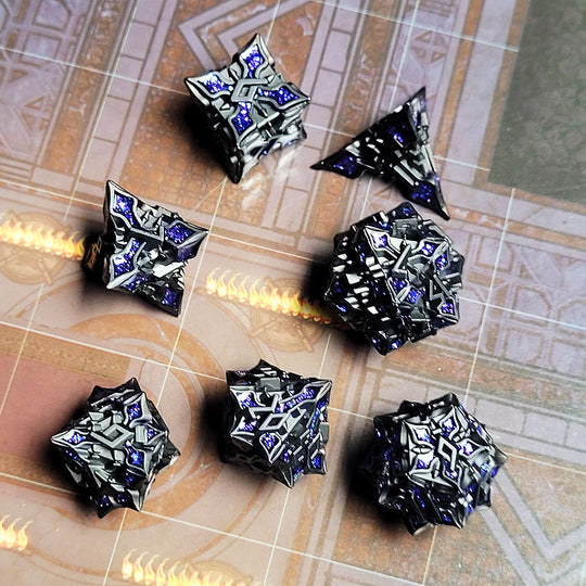Forged Gaming Gothic Knight Gunmetal Purple Metal RPG Dice Set of 7 | Grognard Games