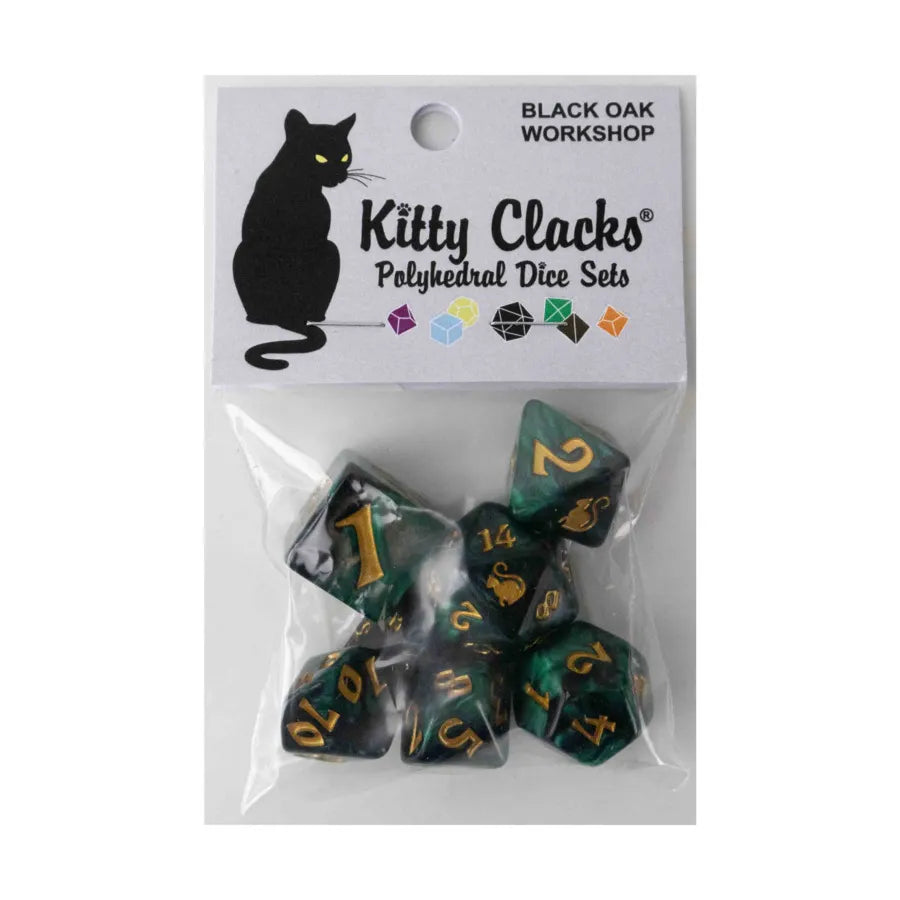 Kitty-Clacks Dice Set - Loki, Dark Green Swirl w/Gold (7) | Grognard Games