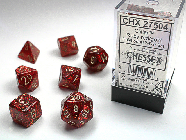 CHX27504 Chessex: Glitter - Ruby/Gold - Polyhedral 7-Die Set | Grognard Games