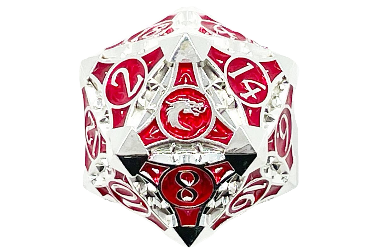 Old School 40mm D20 Metal Die: Gnome Forged - Silver w/ Red | Grognard Games