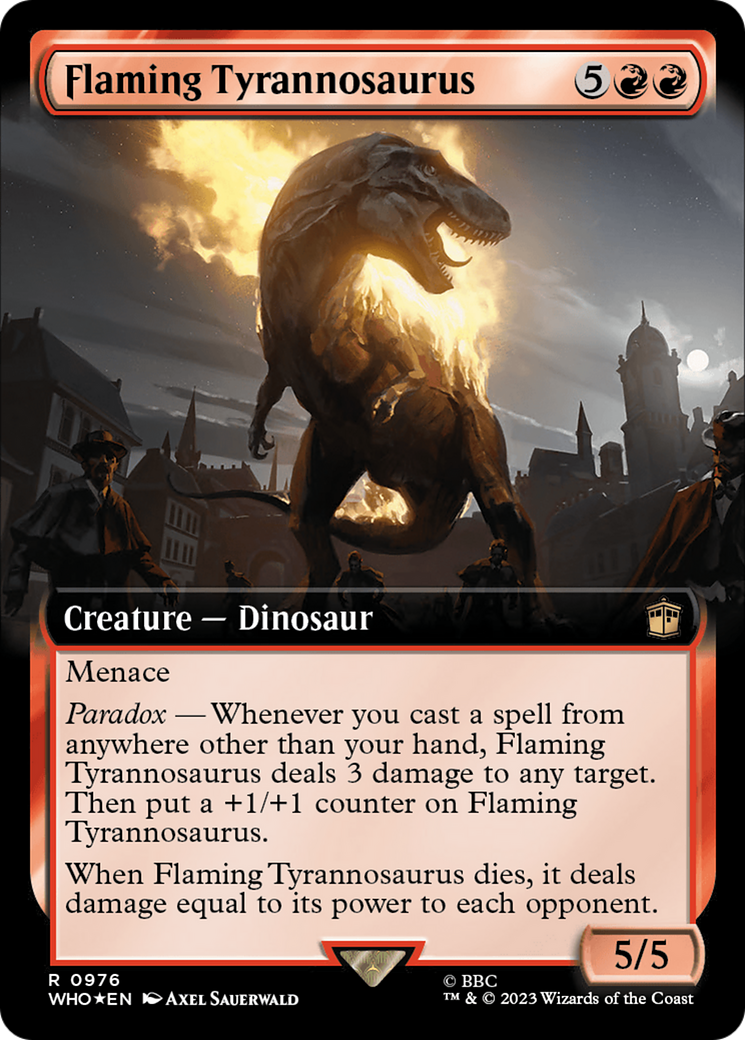 Flaming Tyrannosaurus (Extended Art) (Surge Foil) [Doctor Who] | Grognard Games