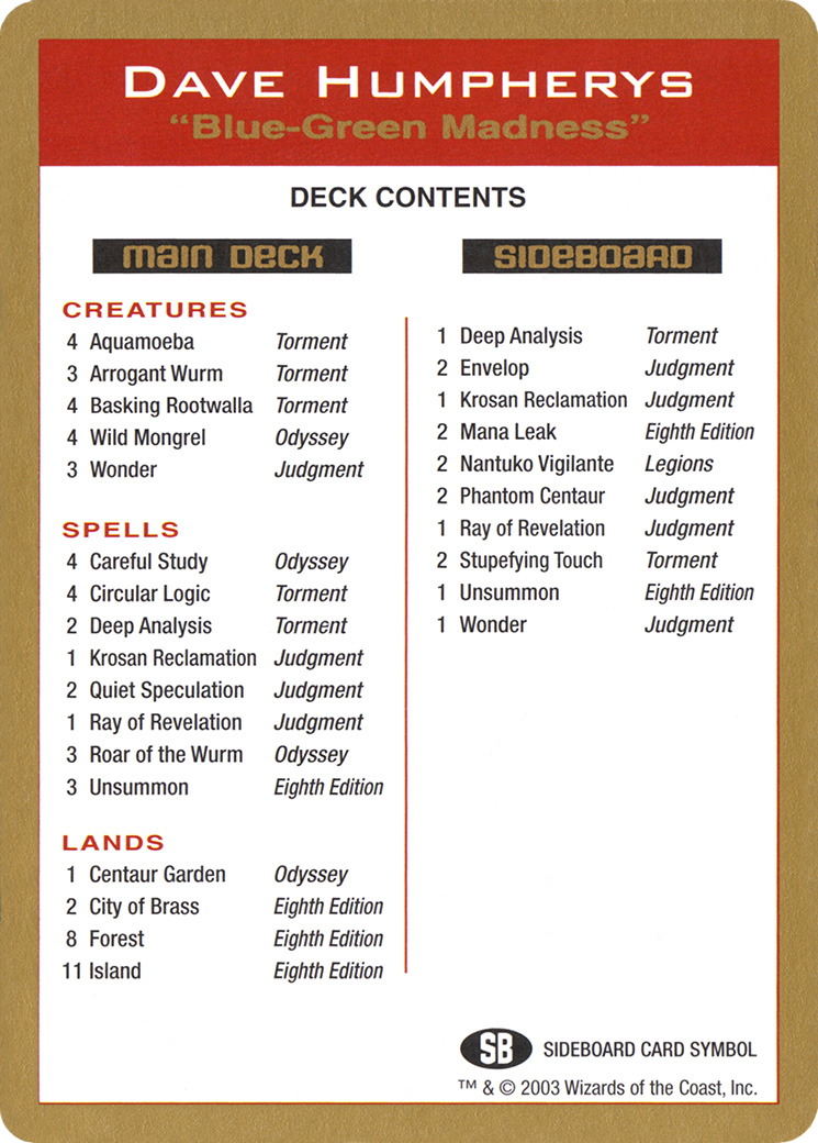 Dave Humpherys Decklist [World Championship Decks 2003] | Grognard Games