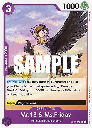 Mr.13 & Ms.Friday (OP04-073) - Kingdoms of Intrigue Pre-Release Cards | Grognard Games