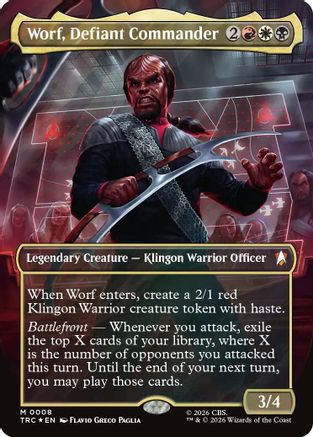 Worf, Defiant Commander (Borderless) (Surge Foil) (TRC-008) - Commander: Star Trek Foil | Grognard Games