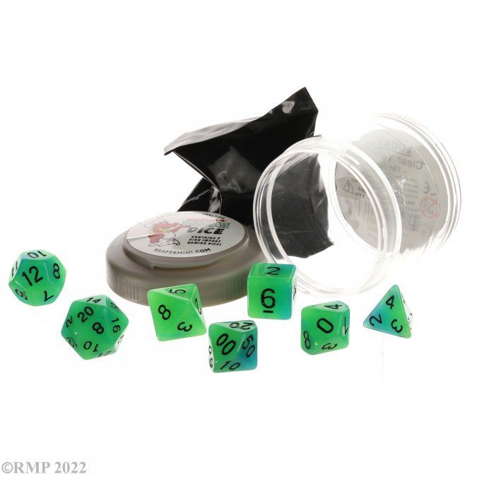 Pizza Dungeon Dice: Glow Green and Blue | Grognard Games