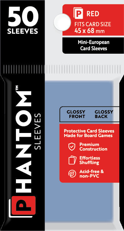 Phantom Sleeves Red Mini-European Card Sleeves Gloss Front/Gloss Back 50 ct | Grognard Games
