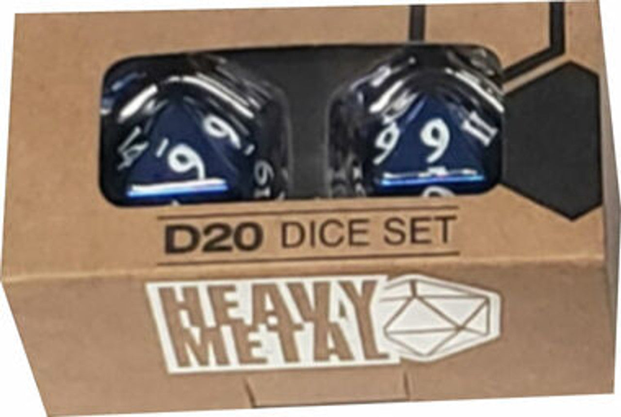 Heavy Metal Dice: D20 Blue w/ White Numbers (2ct) | Grognard Games