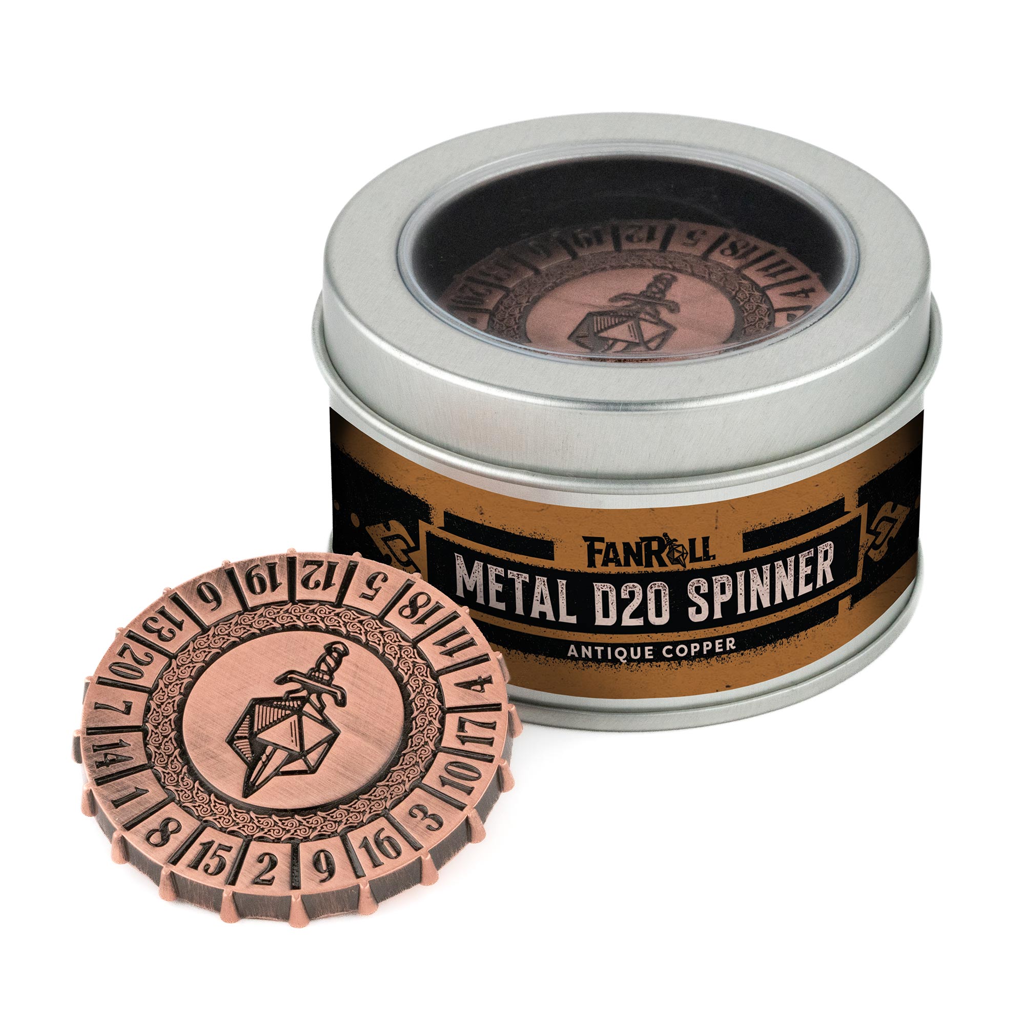 Metal d20 Spinner: Antique Copper | Grognard Games