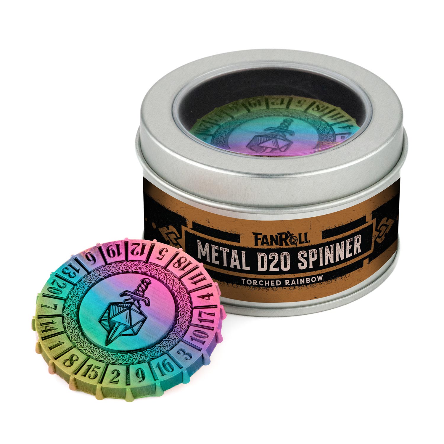 Metal d20 Spinner: Torched Rainbow | Grognard Games