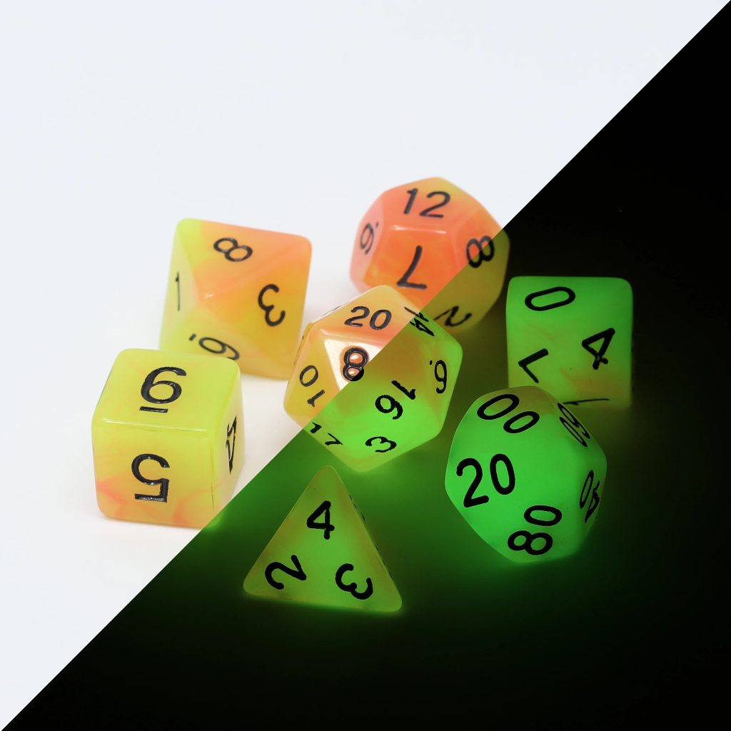 Die Hard Dice 7 Piece RPG set - Glow-in the-Dark Alchemist's Fire | Grognard Games