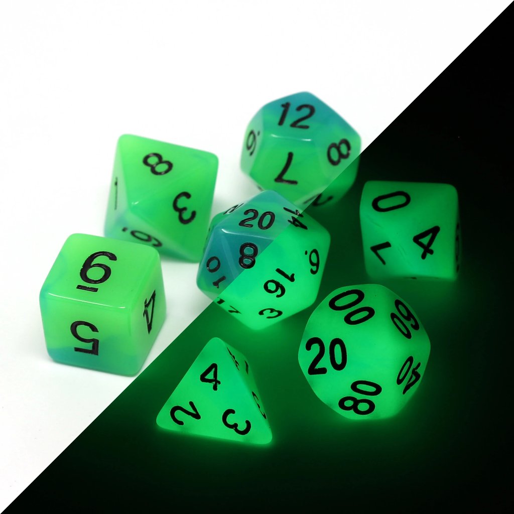 Die Hard Dice 7 Piece RPG set - Glow-in-the-Dark Driftglobe | Grognard Games