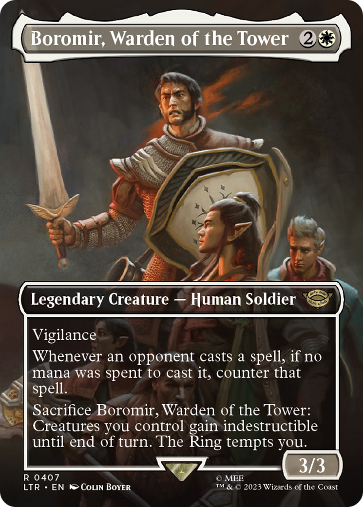 Boromir, Warden of the Tower (Borderless Alternate Art) [The Lord of the Rings: Tales of Middle-Earth] | Grognard Games
