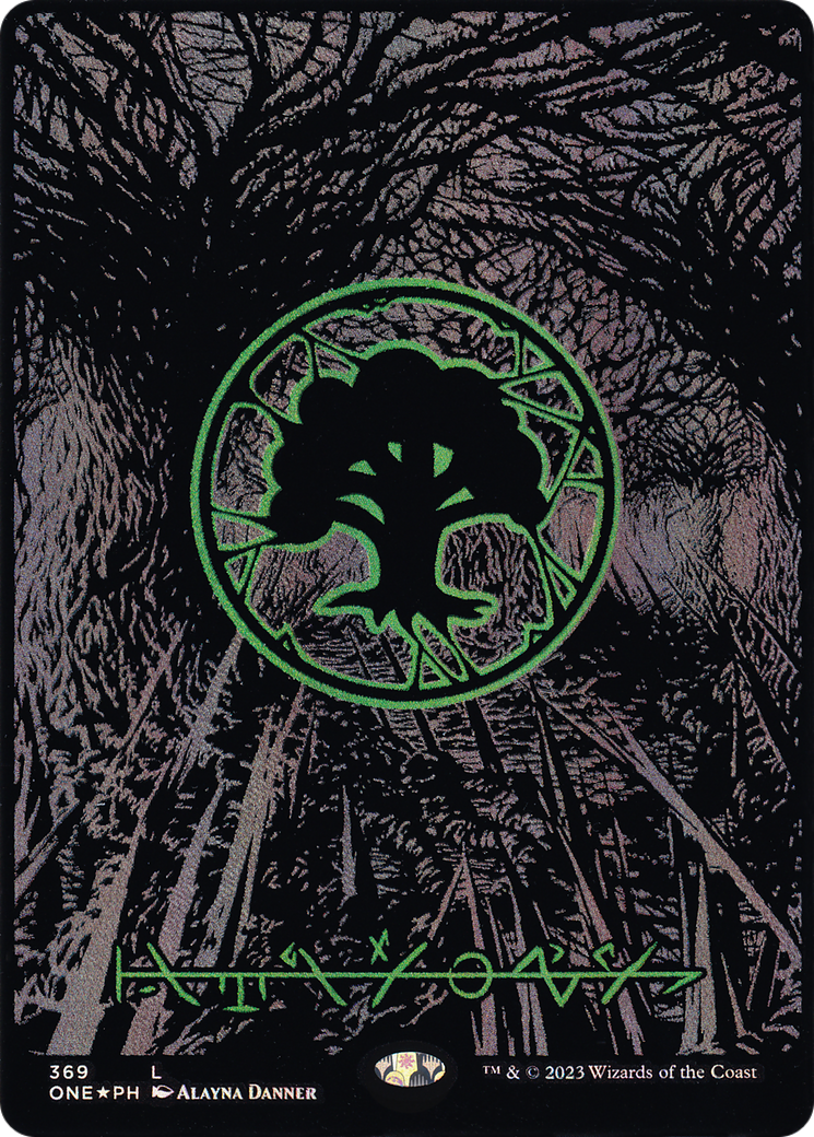Forest (369) (Oil Slick Raised Foil) [Phyrexia: All Will Be One] | Grognard Games