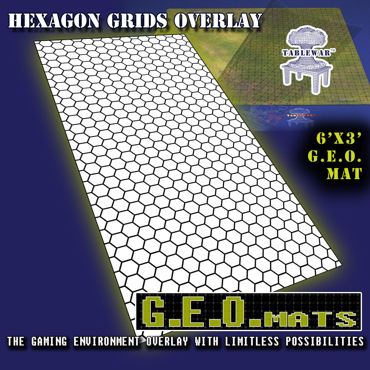 6x3 GEO Mat - Hex Grid Black Grid | Grognard Games