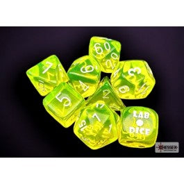 Chessex Translucent Neon Yellow/White 7-Die Set with Bonus Die | Grognard Games
