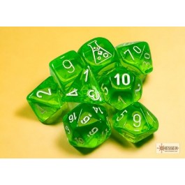 Chessex Translucent Rad Green/White 7-Die Set with Bonus Die | Grognard Games