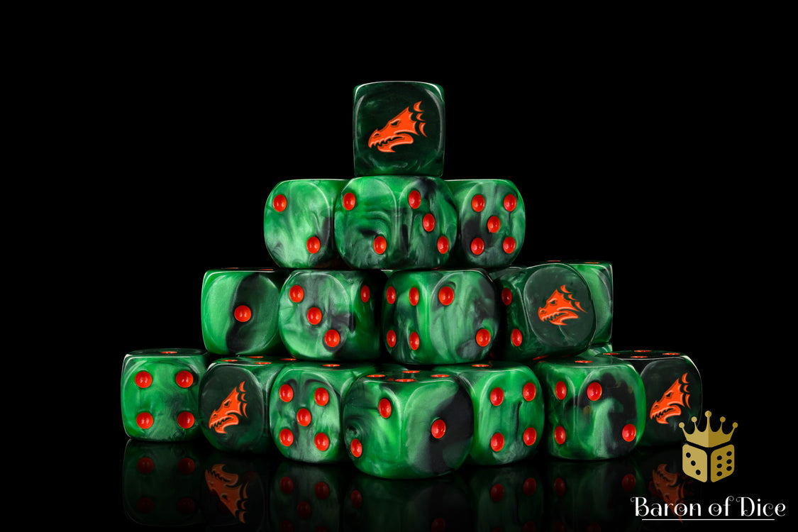 Baron of Dice 25 set Drake - Green & Orange Round Corner | Grognard Games