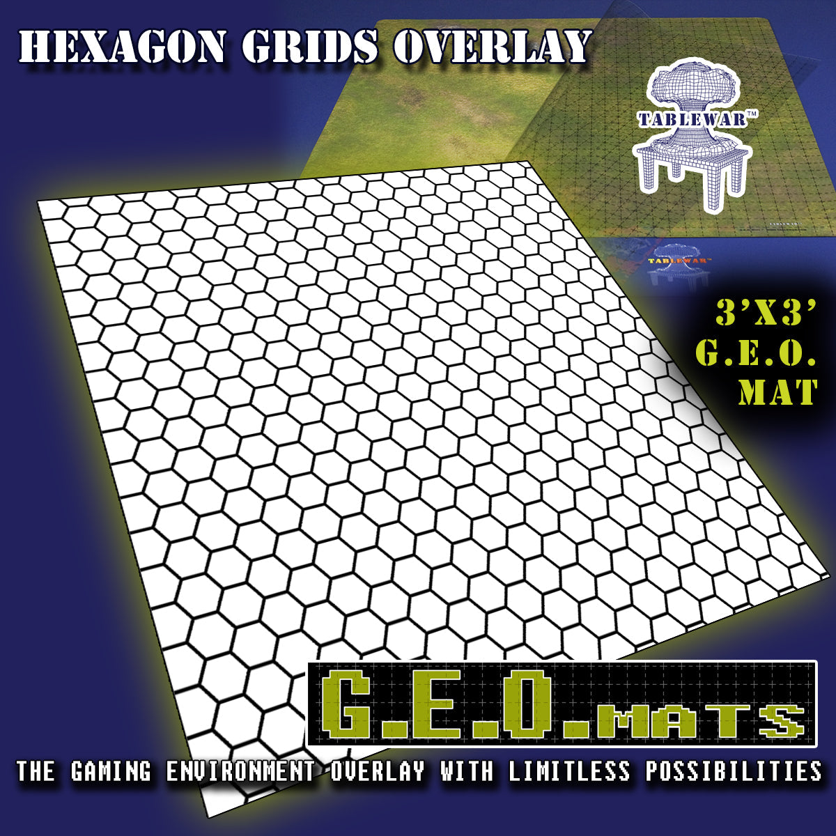 3x3 GEO Mat - Hex Grid Black Grid | Grognard Games