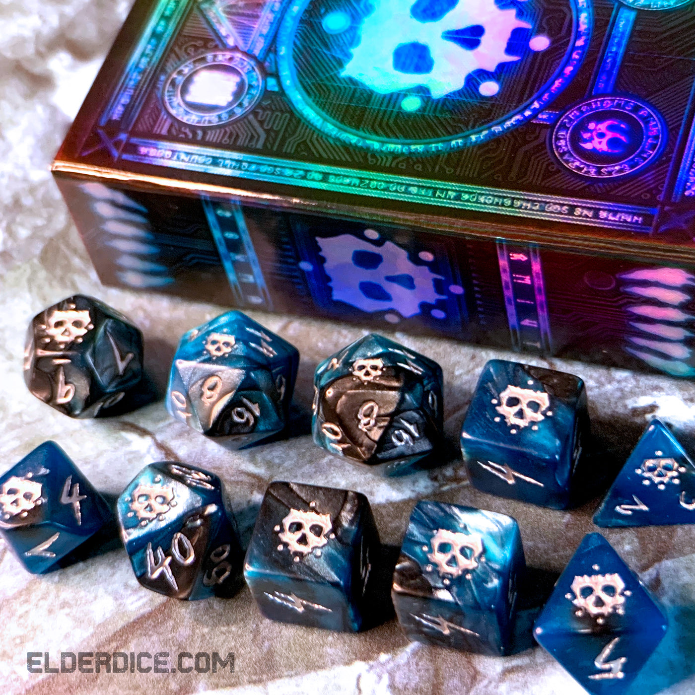 Infinite Black Elder Dice: The Grimm - Silver Ink 10 Dice Set | Grognard Games