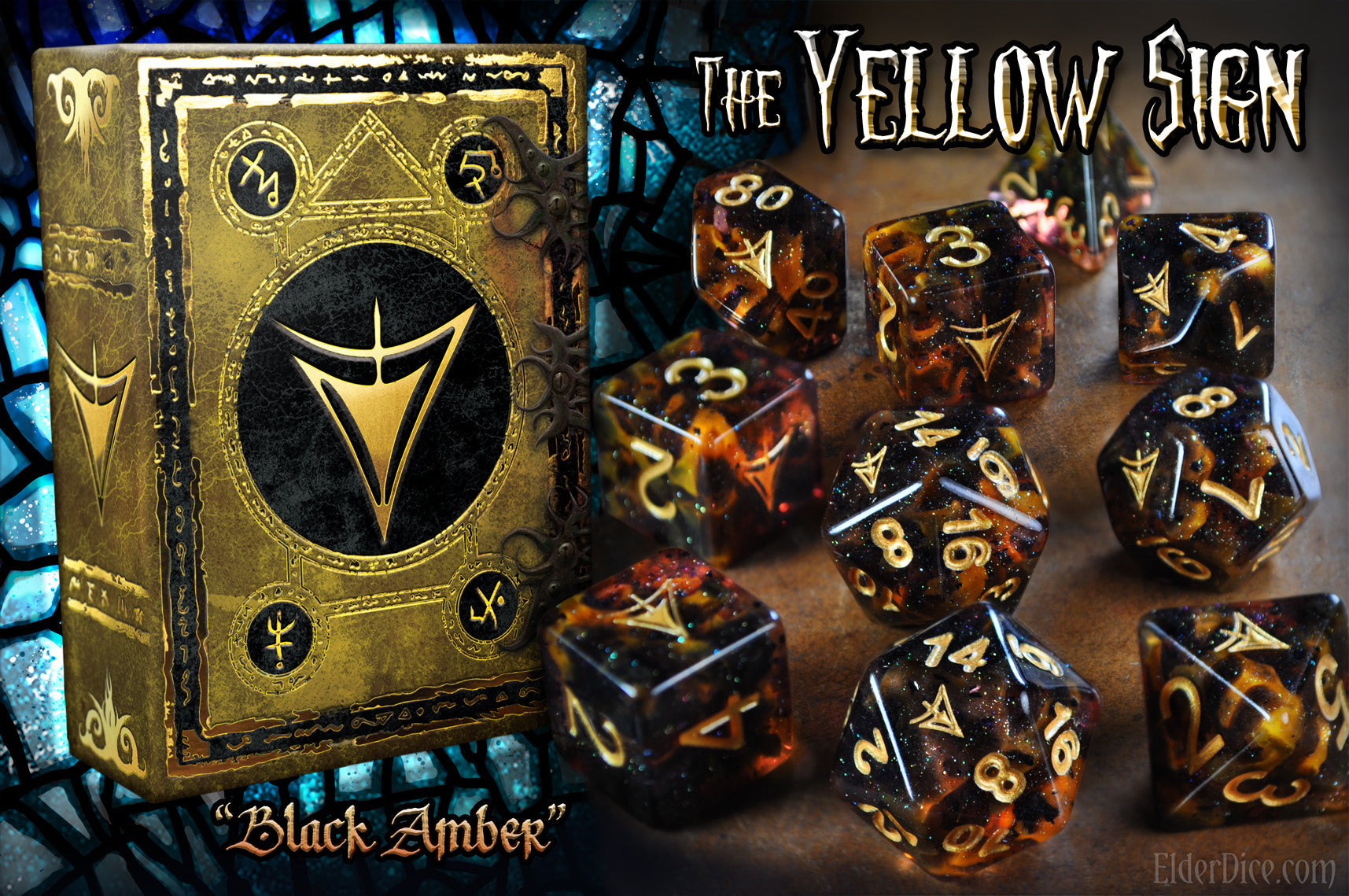 Infinite Black Elder Dice: Black Amber - The Yellow Sign 10 Dice Set | Grognard Games