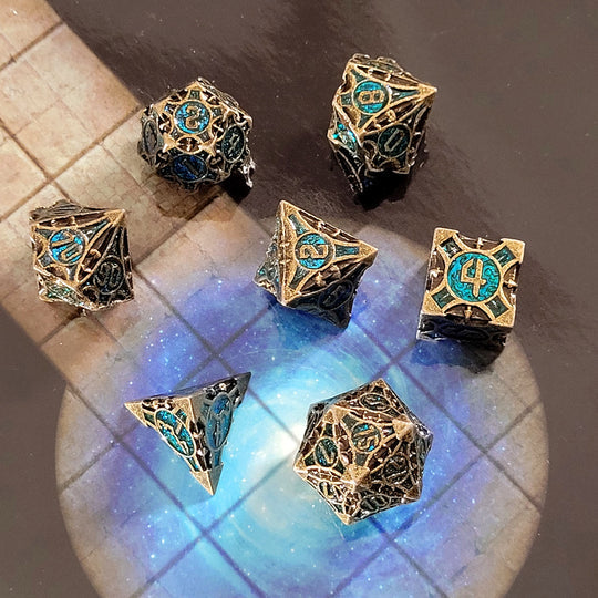 Forged Gaming Arcane Enigma Gold Blue Metal RPG Dice Set | Grognard Games