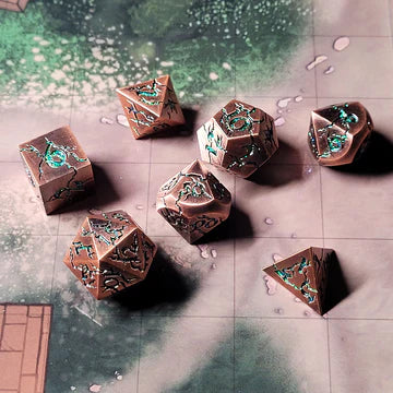 Cracked Antique Copper with Green Glitter Set of 7 Metal Dice Set | Grognard Games