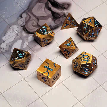 Cracked Bronze with Blue Glitter Set of 7 Metal Dice Set | Grognard Games