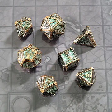 Cryptic Reliquary Shimmering Green Metal RPG Dice Set | Grognard Games