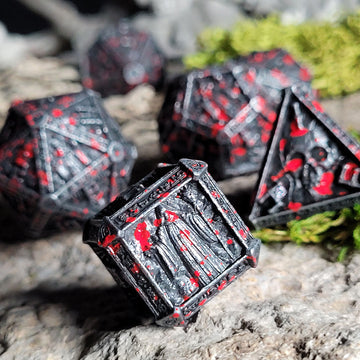 Cryptic Reliquary Silver Blood Metal RPG Dice Set | Grognard Games