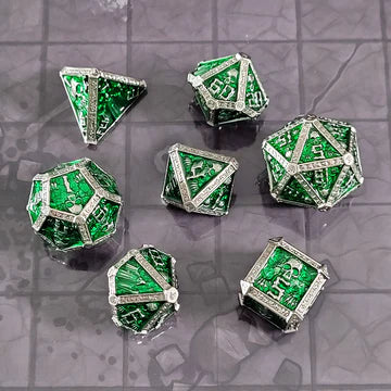 Cryptic Reliquary Silver Green Metal RPG Dice Set | Grognard Games