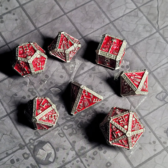 Forged Gaming Cryptic Reliquary Silver Red Metal RPG Dice Set | Grognard Games