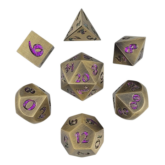 Forged Lore Brushed Brass Purple Glittler Set of 7 Metal Dice Set | Grognard Games