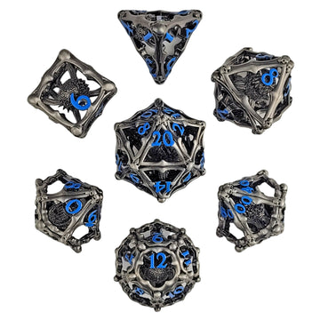 Forged Gaming Grave Watcher Silver Blue Hollow Metal RPG Dice Set | Grognard Games