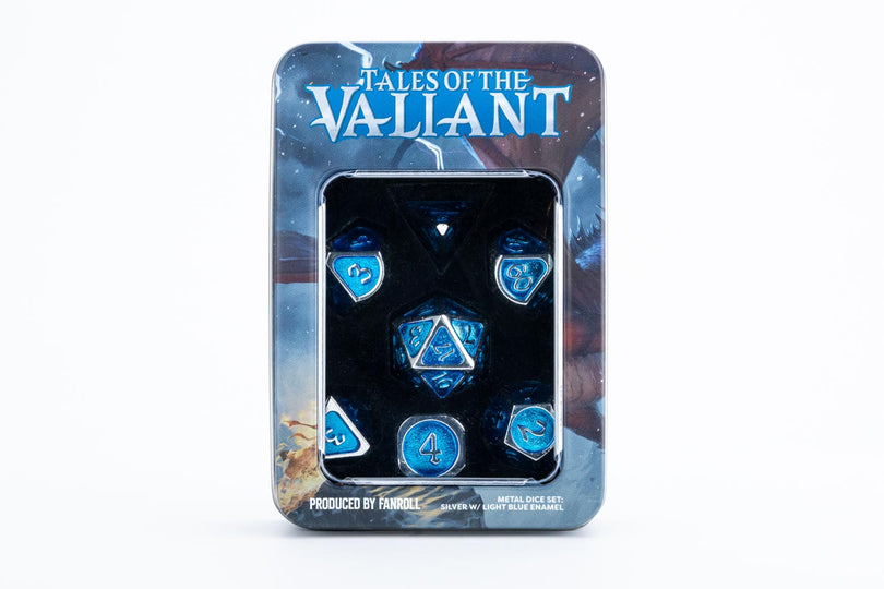 Tales of the Valiant Metal Dice : Silver w/ Light Blue Enamel | Grognard Games