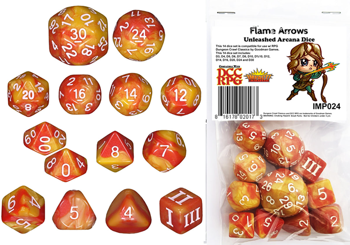 Flame Arrows- Impact! Miniatures DCC 14 Piece RPG Dice Set | Grognard Games