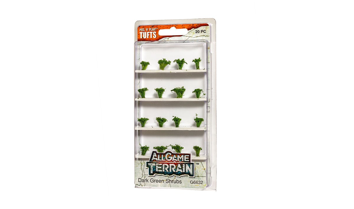 Woodland Scenics All Game Terrain Peel 'n' Plant Tufts Dark Green Shrubs | Grognard Games