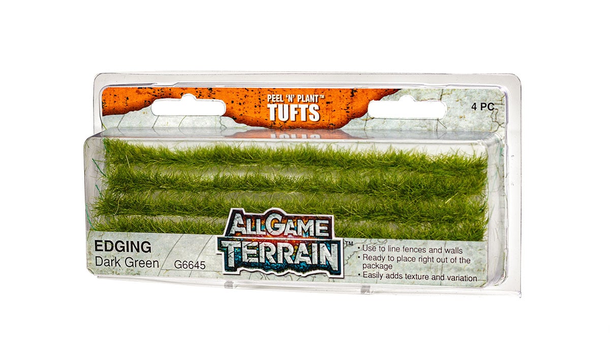 Woodland Scenics All Game Terrain Peel 'n' Plant Tufts Dark Green Edging | Grognard Games