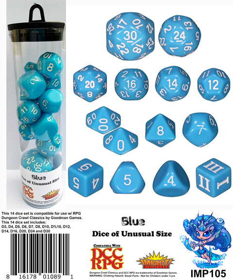 DCC RPG Dice – Dice of Unusual Size: Blue Dice Set | Grognard Games