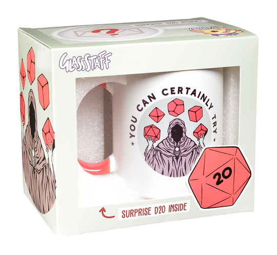 GlassStaff You Can Certainly Try Coffee Mug with Surprise D20 | Grognard Games