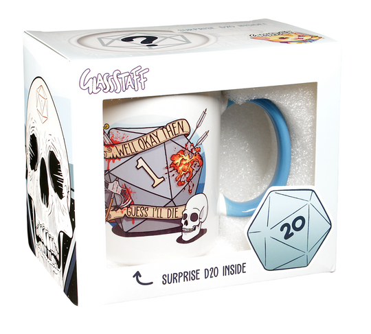 GlassStaff Guess I'll Die Coffee Mug with Surprise D20 | Grognard Games