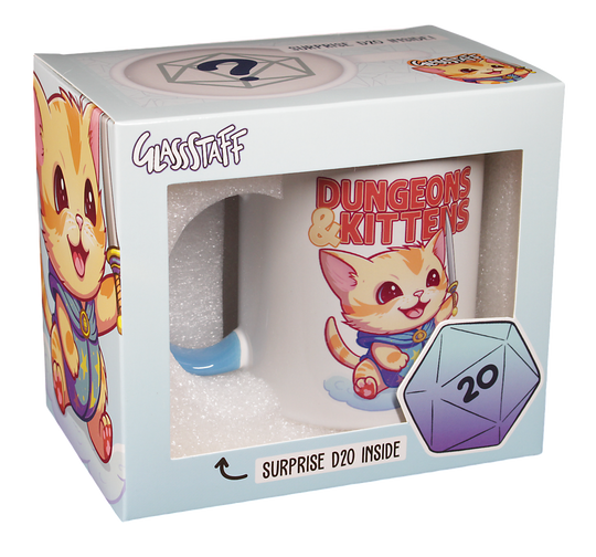 GlassStaff Dungeons & Kittens Coffee Mug with Surprise D20 | Grognard Games
